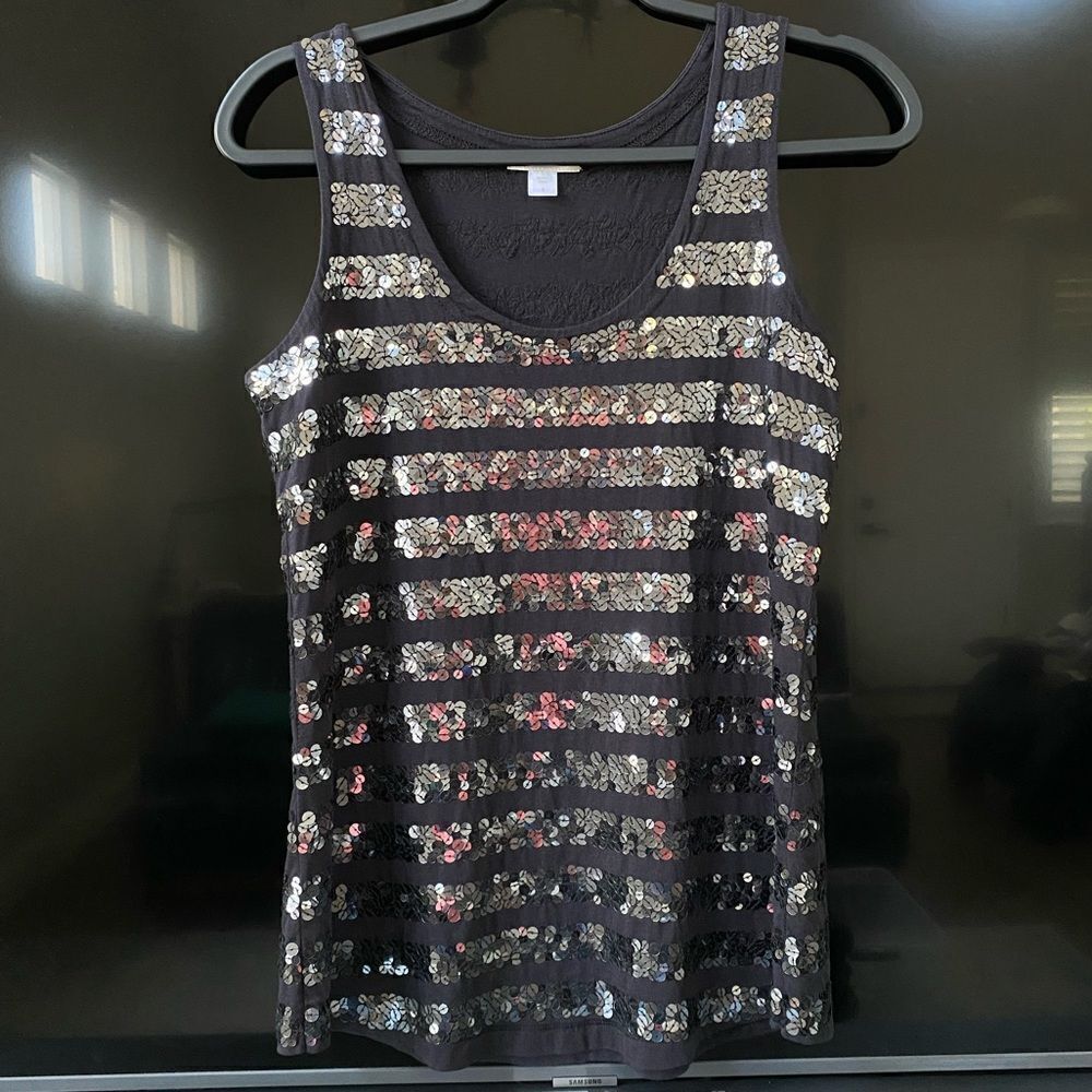 Garnet Hill Black Sequin Stripe Top, Size S